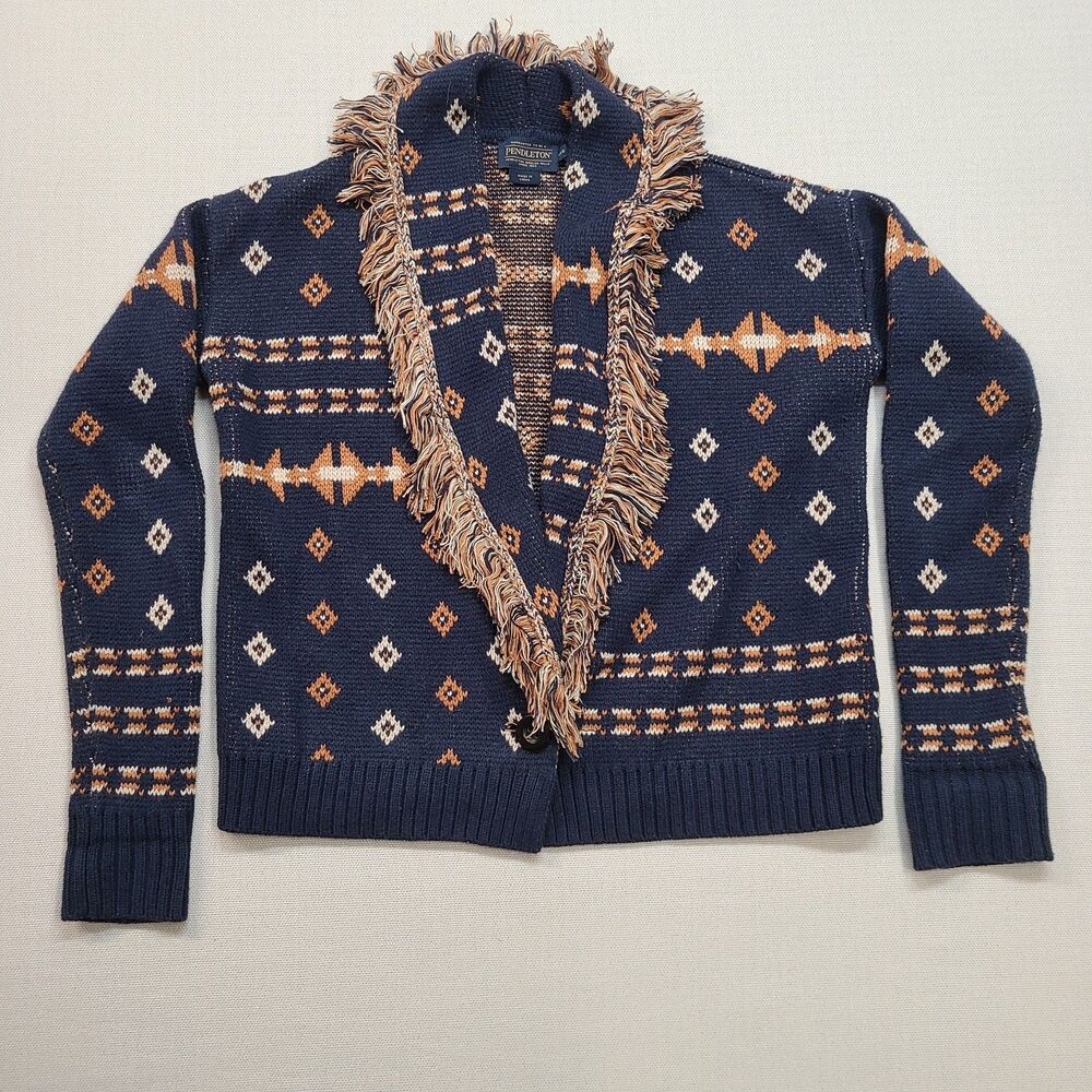 Pendleton Navy Blue Aztec Southwestern Fringe Shawl Collar Cardigan XXS
